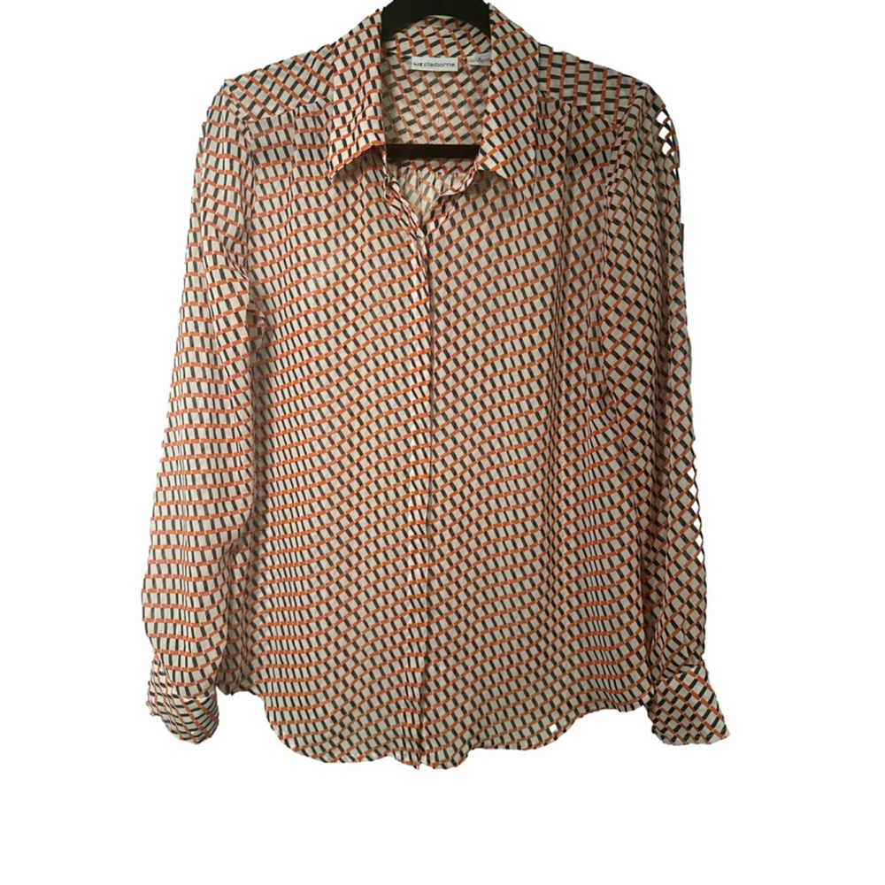 LIZ CLAIBORNE Size M Sheer Retro Print Long Sleeve Blouse GUC